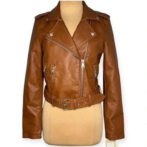 LEVI’S faux leather moto jacket cognac brown Women’s size Small 90’s style CBK - Picture 3 of 17
